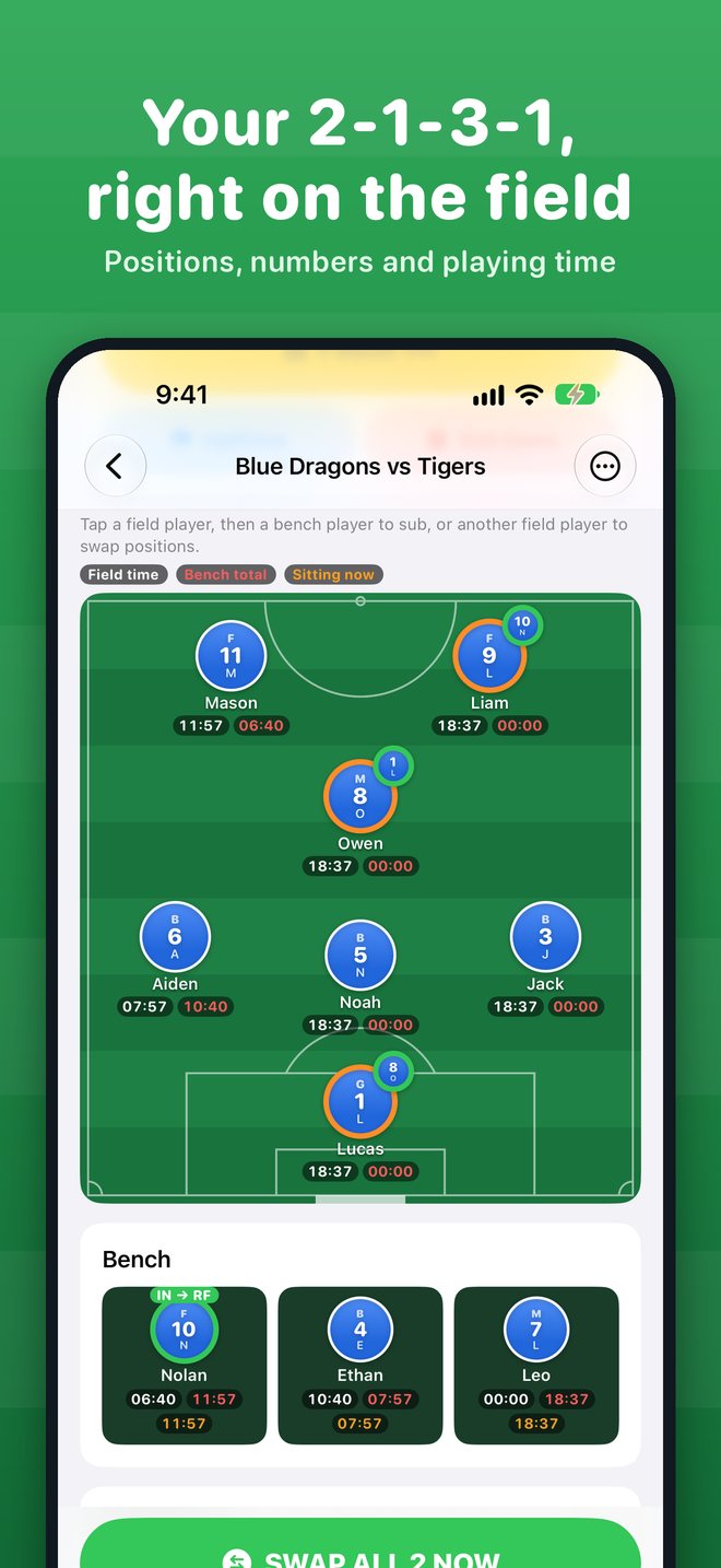 Players on the field with field and bench timers