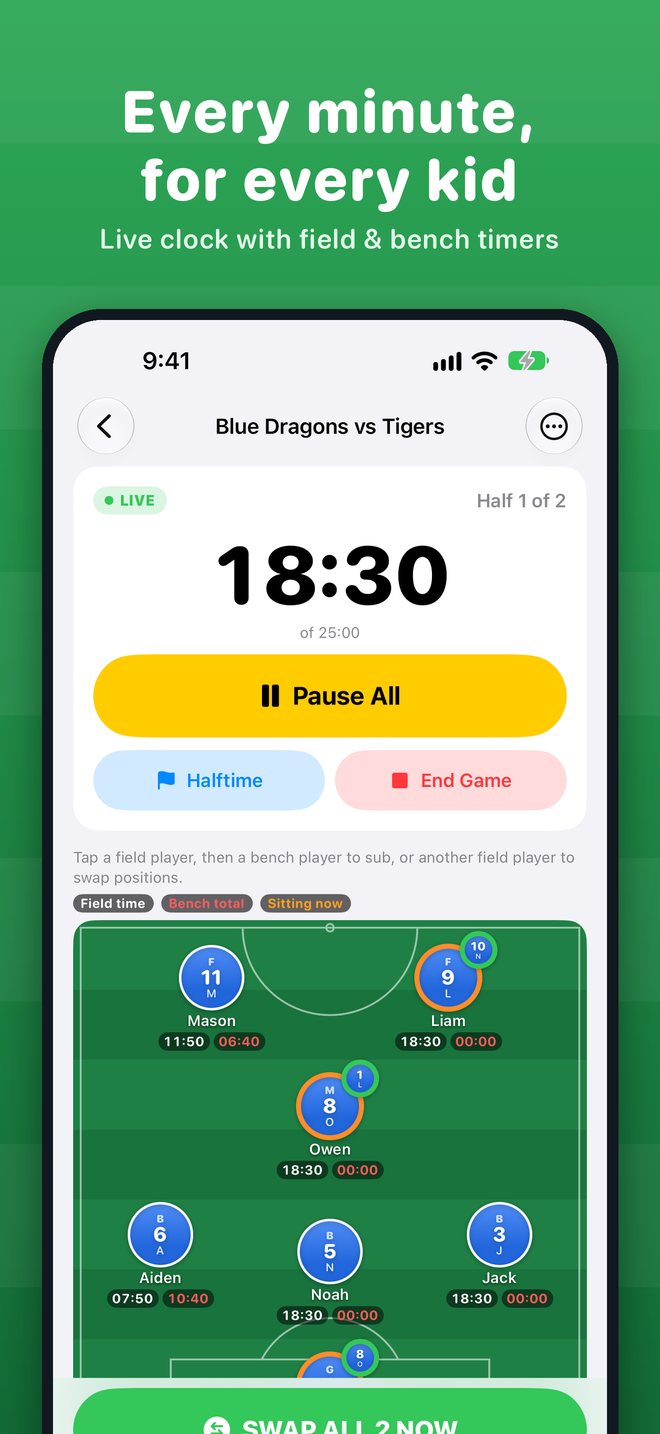 Live match clock with Pause All, Halftime and End Game
