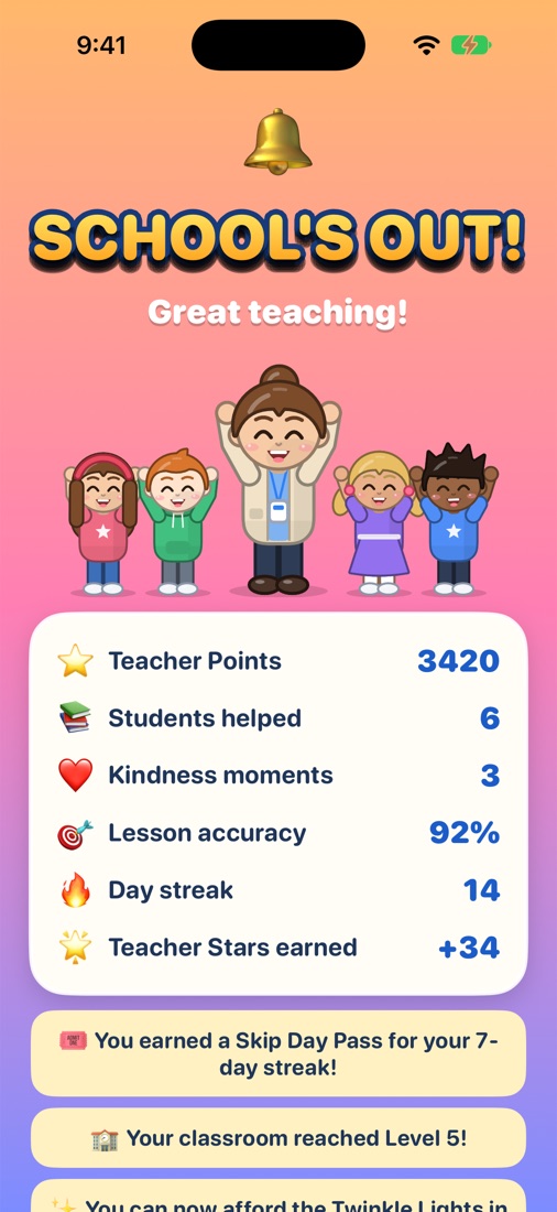 School's out summary with points, students helped and streak