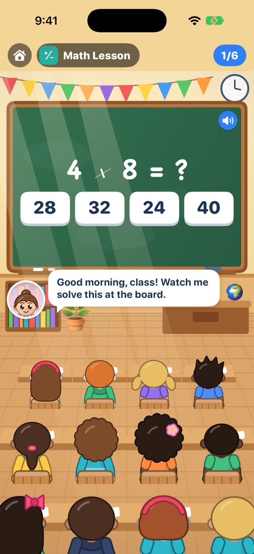 Math lesson: the teacher solves 6 times 9 at the chalkboard in front of the class