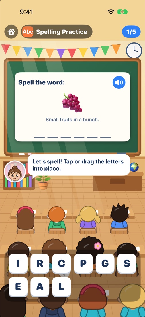 Spelling practice with a picture clue and letter tiles