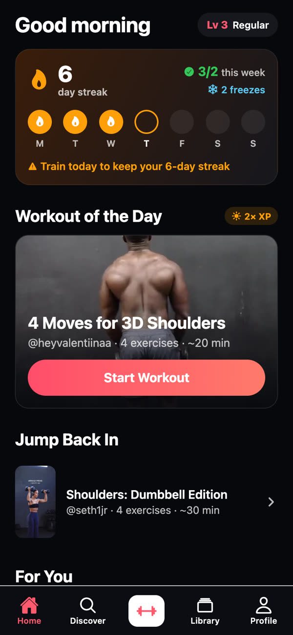 Home: streak, weekly goal and the Workout of the Day