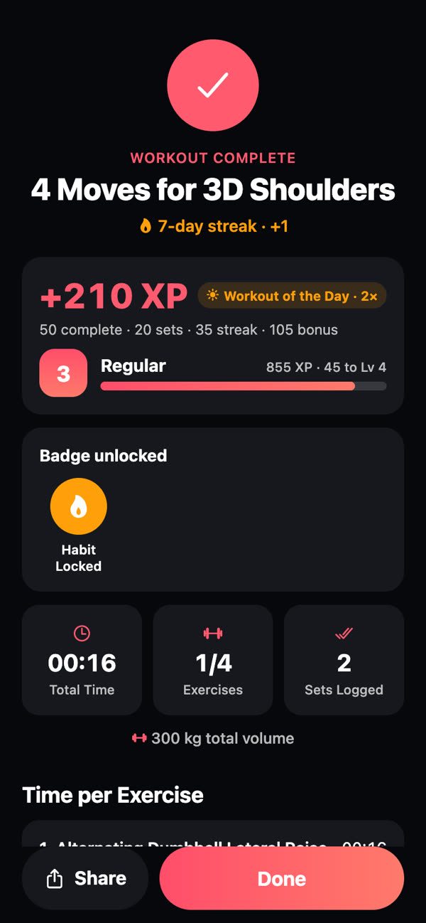 Workout complete with XP and a badge
