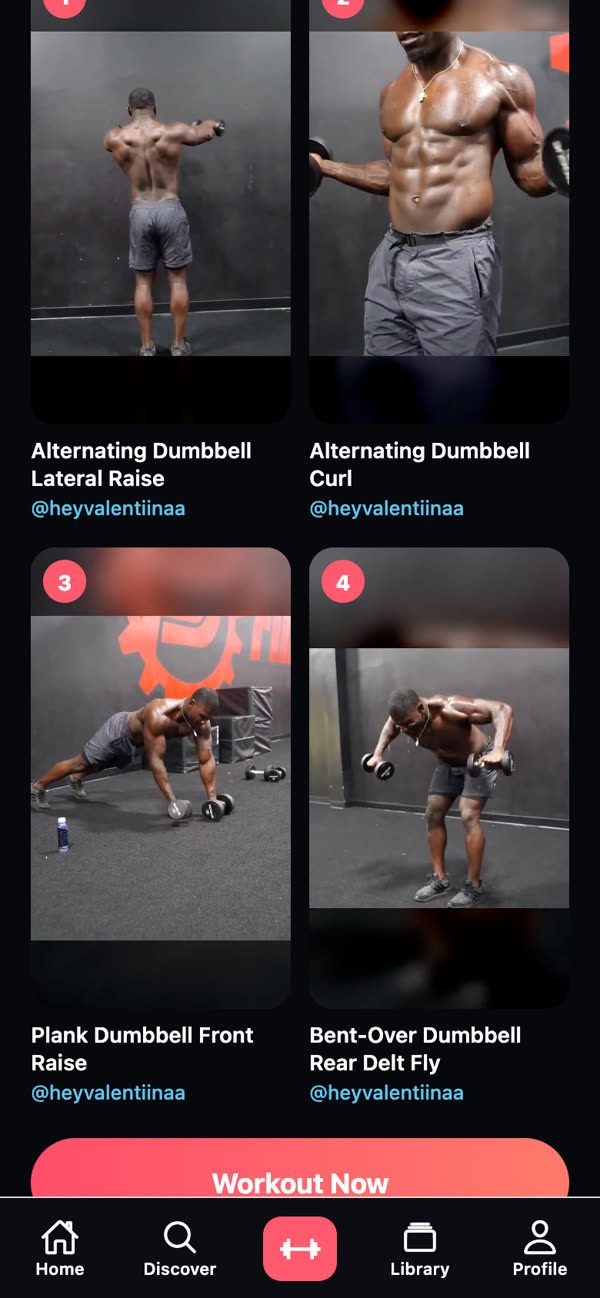 A workout's exercises in a numbered two-column grid